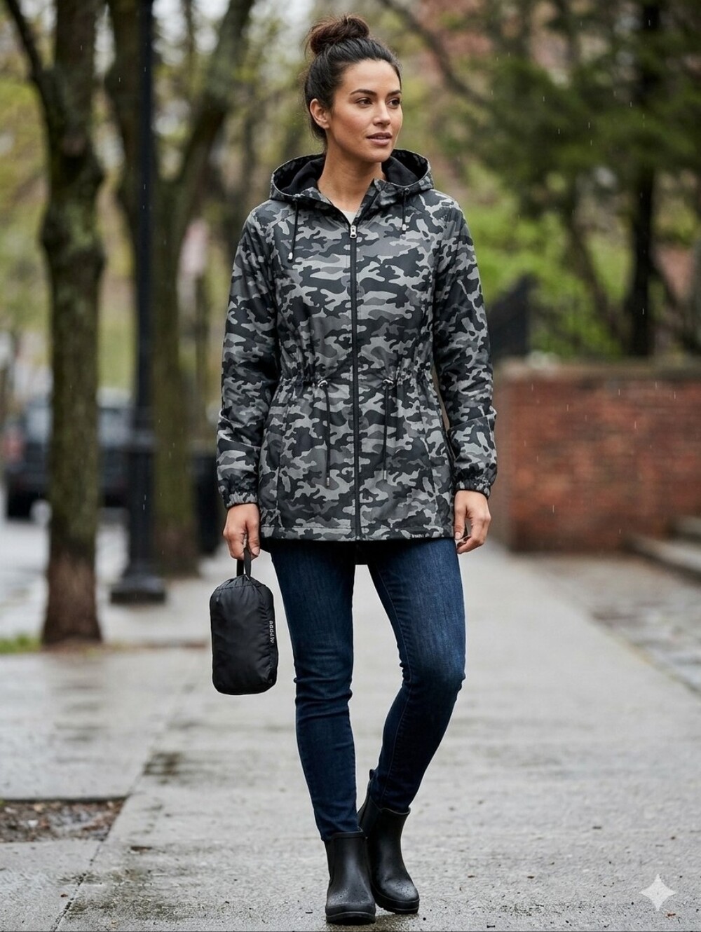 Intl Details Parka In A Pocket Camo Rain Coat Women's Size Small With Hood